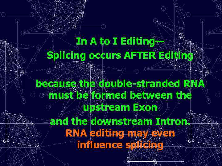 In A to I Editing— Splicing occurs AFTER Editing because the double-stranded RNA must