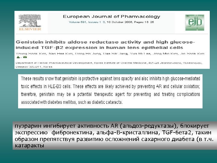 пуэрарин ингибирует активность AR (альдоз-редуктазы), блокирует экспрессию фибронектина, альфа-В-кристаллина, TGF-бета 2, таким образом препятствуя