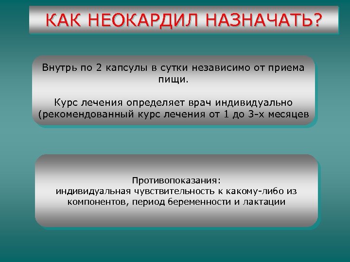 КАК НЕОКАРДИЛ НАЗНАЧАТЬ? Внутрь по 2 капсулы в сутки независимо от приема пищи. Курс