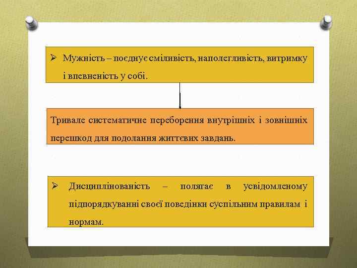 Ø Мужність – поєднує сміливість, наполегливість, витримку і впевненість у собі. Тривале систематичне переборення