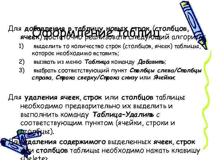 Оформление таблиц Для добавления в таблицу новых строк (столбцов, ячеек) достаточно реализовать следующий алгоритм: