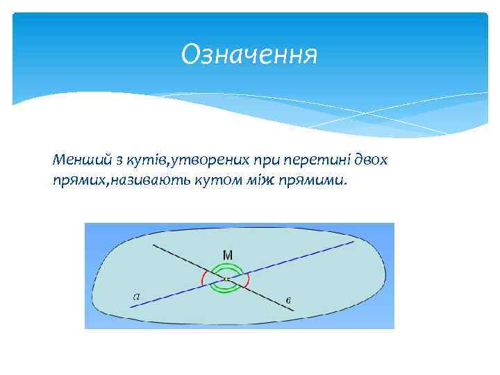 Означення Менший з кутів, утворених при перетині двох прямих, називають кутом між прямими. 