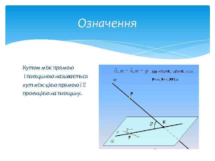 Означення Кутом між прямою і площиною називається кут між цією прямою і її проекцією