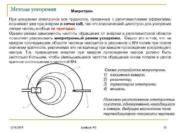 Методы ускорения Микротрон При ускорении электронов все трудности, связанные с релятивистскими эффектами, возникают уже