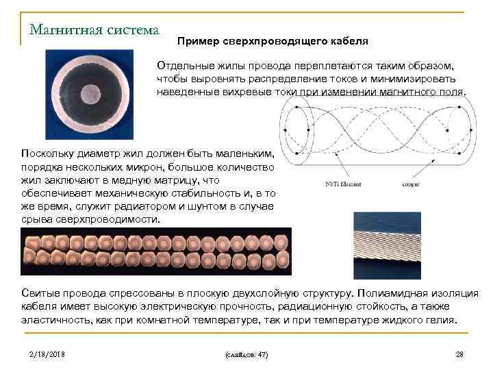 Магнитная система Пример сверхпроводящего кабеля Отдельные жилы провода переплетаются таким образом, чтобы выровнять распределение