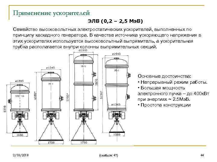 Применение ускорителей ЭЛВ (0, 2 – 2, 5 Мэ. В) Семейство высоковольтных электростатических ускорителей,