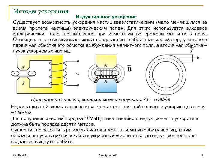 Методы ускорения Индукционное ускорение Существует возможность ускорения частиц квазистатическим (мало меняющимся за время пролета