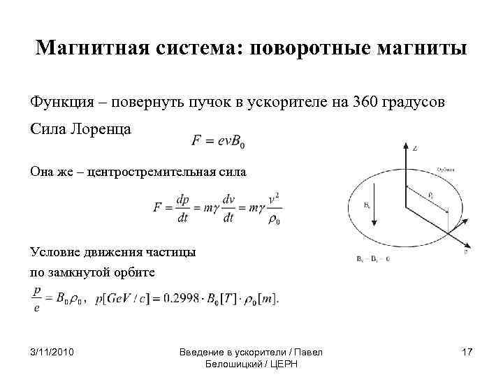 Магнитная система: поворотные магниты Функция – повернуть пучок в ускорителе на 360 градусов Сила