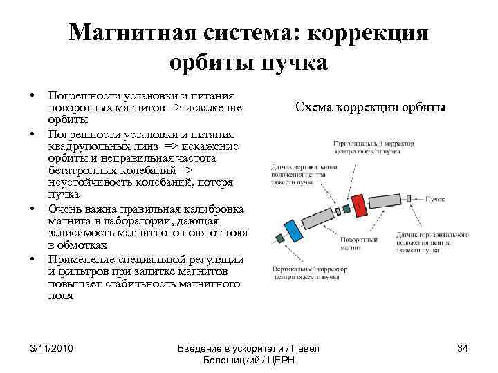 Магнитная система: коррекция орбиты пучка • • Погрешности установки и питания поворотных магнитов =>