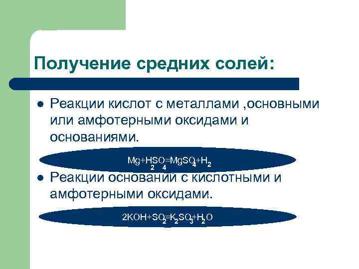 Получение средних солей: l Реакции кислот с металлами , основными или амфотерными оксидами и