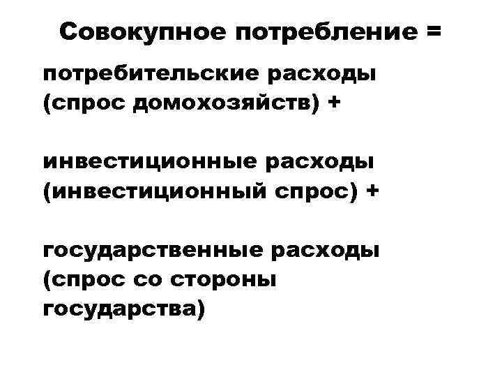 Совокупное потребление = потребительские расходы (спрос домохозяйств) + инвестиционные расходы (инвестиционный спрос) + государственные