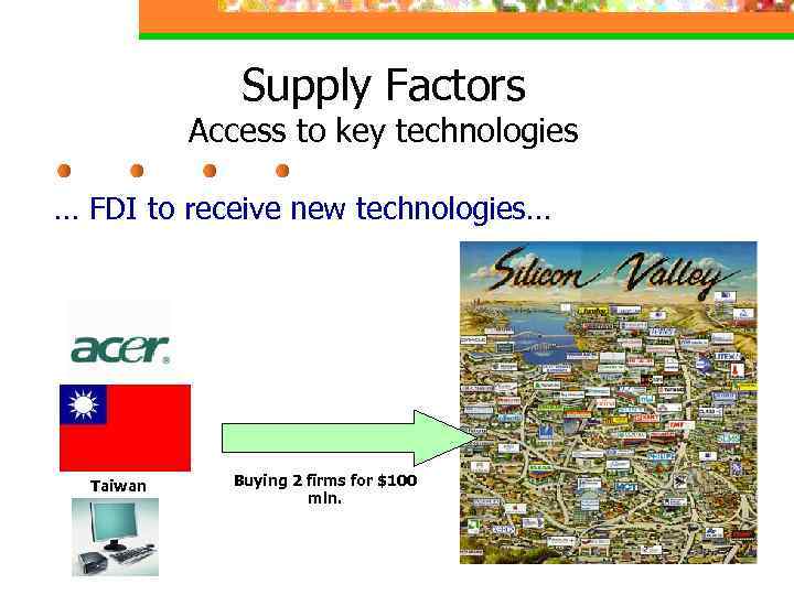 Supply Factors Access to key technologies … FDI to receive new technologies… Taiwan Buying