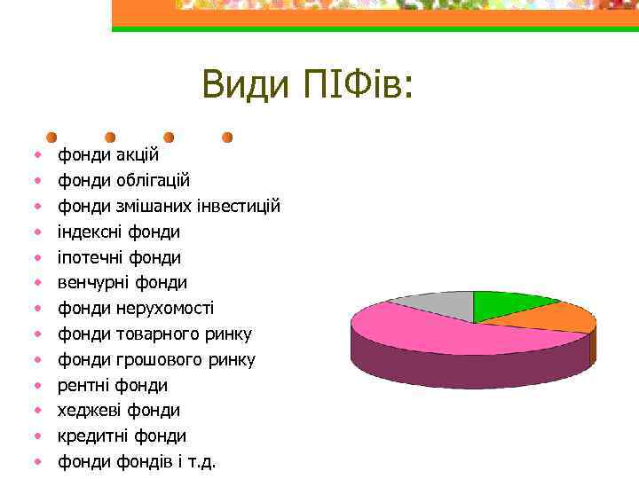 Види ПІФів: • • • • фонди акцій фонди облігацій фонди змішаних інвестицій індексні