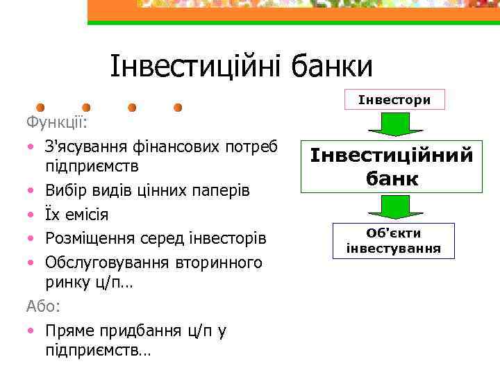 Інвестиційні банки Інвестори Функції: • З'ясування фінансових потреб підприємств • Вибір видів цінних паперів