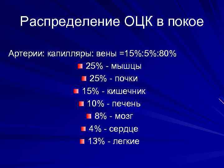 Распределение ОЦК в покое Артерии: капилляры: вены =15%: 80% 25% - мышцы 25% -