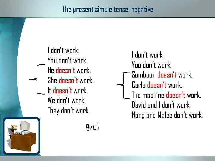 The present simple tense, negative I don’t work. You don’t work. He doesn’t work.