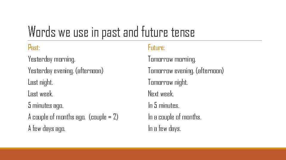 Words we use in past and future tense Past: Yesterday morning. Yesterday evening. (afternoon)