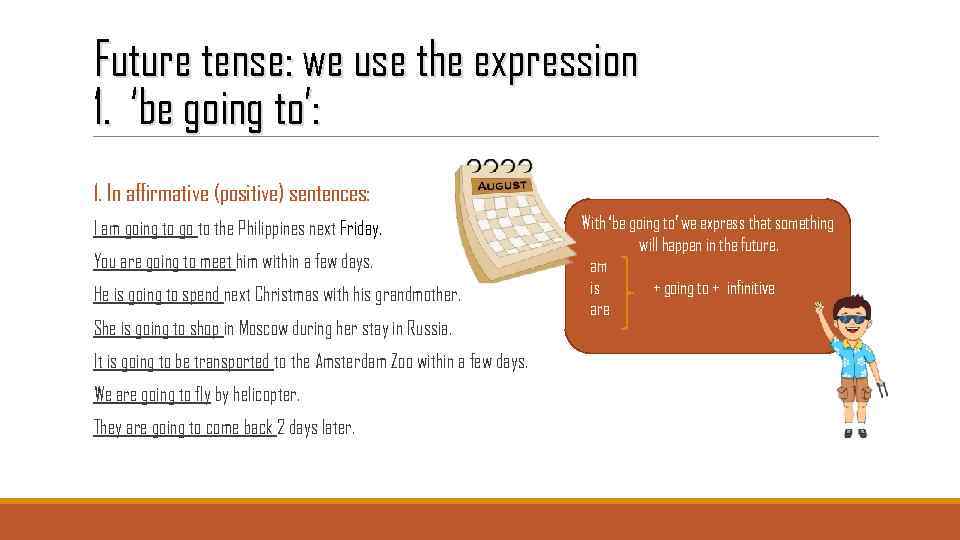 Future tense: we use the expression 1. ‘be going to’: 1. In affirmative (positive)