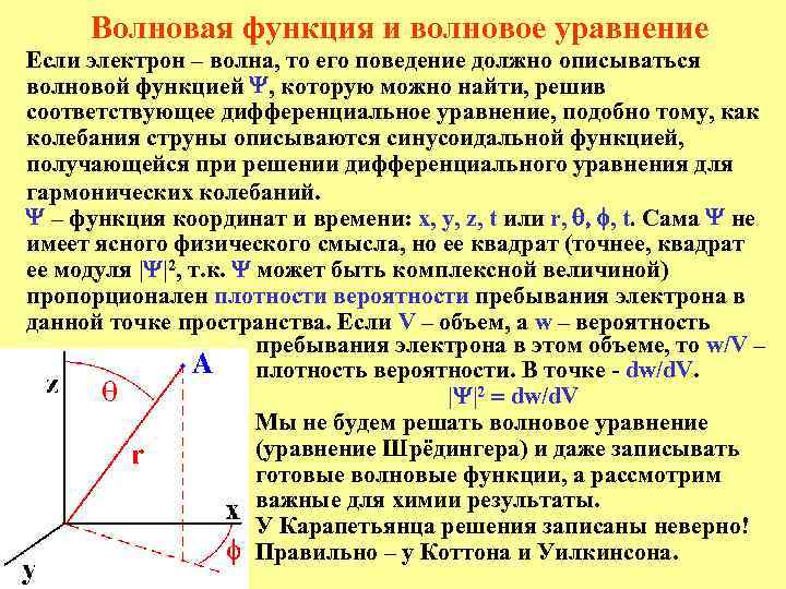 Волновая функция и волновое уравнение Если электрон – волна, то его поведение должно описываться