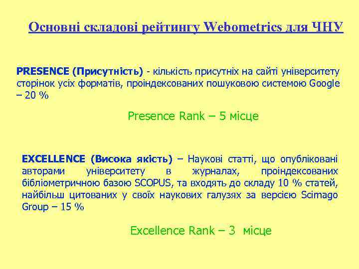 Основні складові рейтингу Webometrics для ЧНУ PRESENCE (Присутність) - кількість присутніх на сайті університету