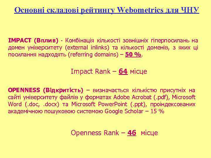 Основні складові рейтингу Webometrics для ЧНУ IMPACT (Вплив) - Комбінація кількості зовнішніх гіперпосилань на