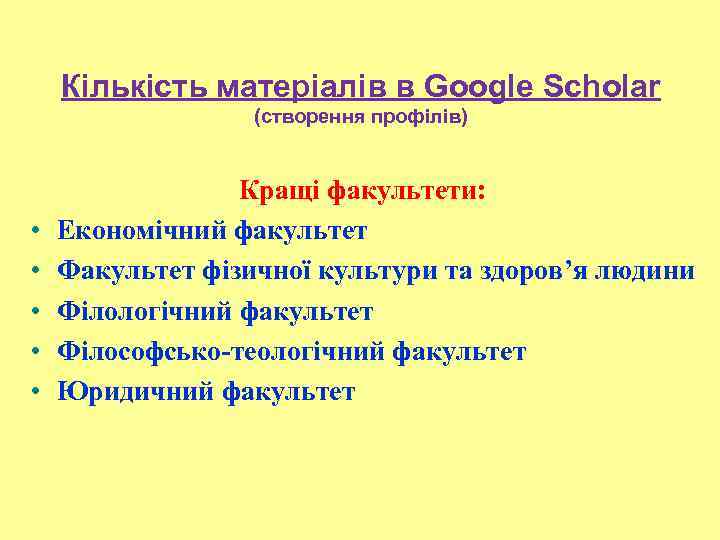 Кількість матеріалів в Google Scholar (створення профілів) • • • Кращі факультети: Економічний факультет