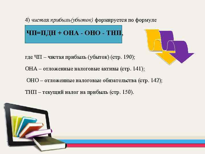 4) чистая прибыль(убыток) формируется по формуле ЧП=ПДН + ОНА - ОНО - ТНП, где