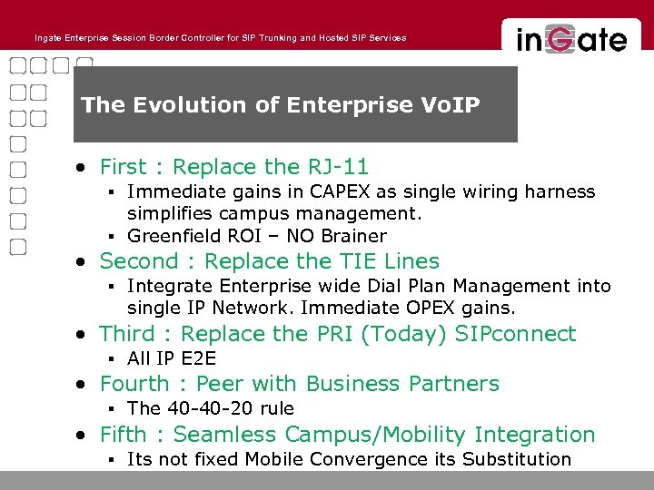 Ingate Enterprise Session Border Controller for SIP Trunking and Hosted SIP Services The Evolution