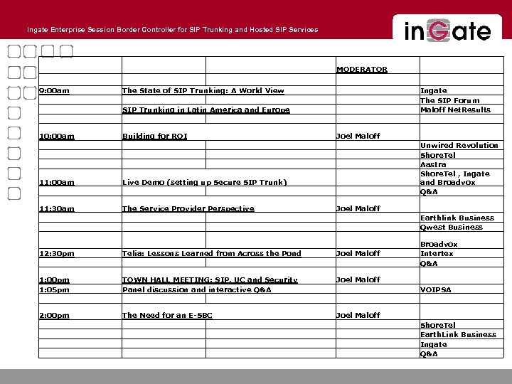 Ingate Enterprise Session Border Controller for SIP Trunking and Hosted SIP Services MODERATOR 9: