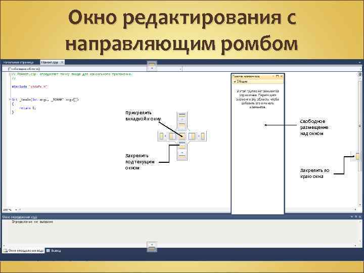 Окно редактирования с направляющим ромбом Прикрепить вкладкой к окну Закрепить под текущим окном Свободное