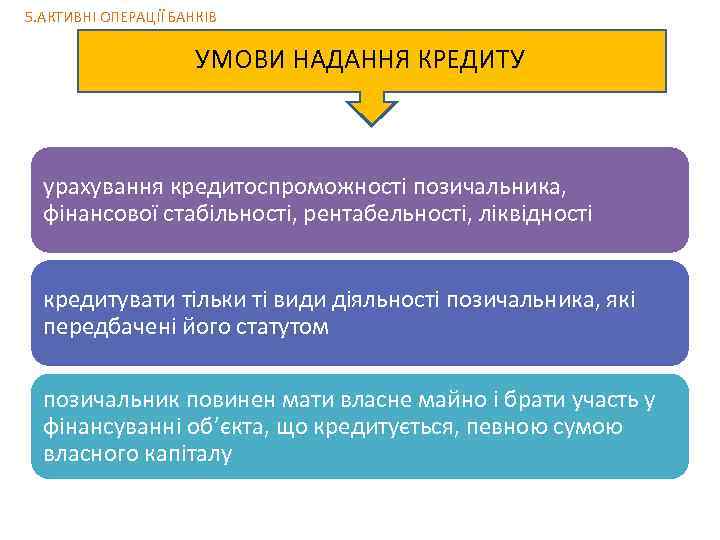 5. АКТИВНІ ОПЕРАЦІЇ БАНКІВ УМОВИ НАДАННЯ КРЕДИТУ урахування кредитоспроможності позичальника, фінансової стабільності, рентабельності, ліквідності