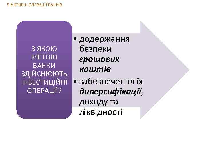 5. АКТИВНІ ОПЕРАЦІЇ БАНКІВ • додержання З ЯКОЮ безпеки МЕТОЮ грошових БАНКИ коштів ЗДІЙСНЮЮТЬ