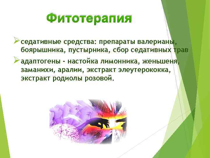 Фитотерапия Øседативные средства: препараты валерианы, боярышника, пустырника, сбор седативных трав Øадаптогены - настойка лимонника,