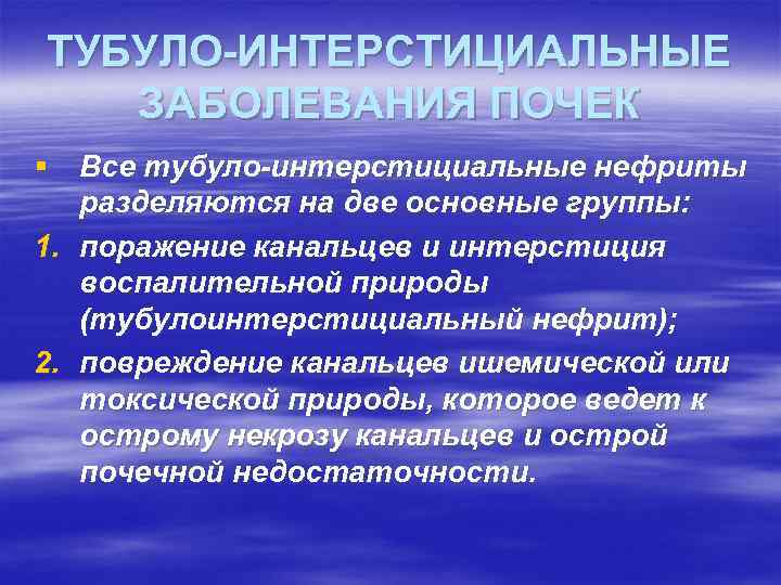 ТУБУЛО ИНТЕРСТИЦИАЛЬНЫЕ ЗАБОЛЕВАНИЯ ПОЧЕК § Все тубуло интерстициальные нефриты разделяются на две основные группы: