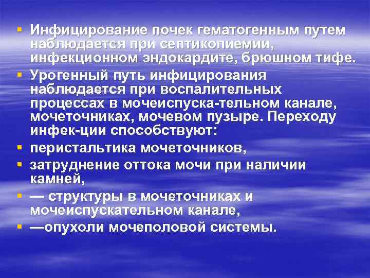 § Инфицирование почек гематогенным путем наблюдается при септикопиемии, инфекционном эндокардите, брюшном тифе. § Урогенный