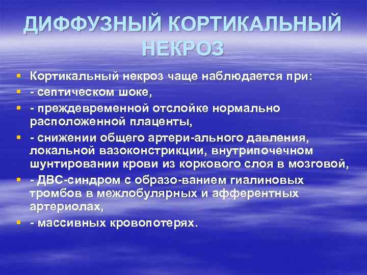 ДИФФУЗНЫЙ КОРТИКАЛЬНЫЙ НЕКРОЗ § § § Кортикальный некроз чаще наблюдается при: септическом шоке, преждевременной