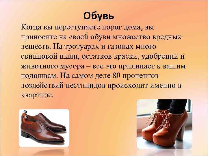 Обувь Когда вы переступаете порог дома, вы приносите на своей обуви множество вредных веществ.