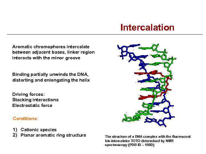 Intercalation Aromatic chromophores intercalate between adjacent bases, linker region interacts with the minor groove