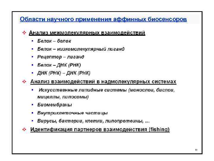 Области научного применения аффинных биосенсоров 