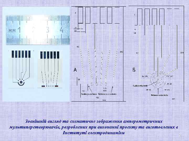 Зовнішній вигляд та схематичне зображення амперометричних мультиперетворювачів, розроблених при виконанні проекту та виготовлених в