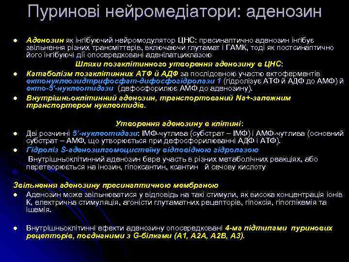 Пуринові нейромедіатори: аденозин l l l Аденозин як інгібуючий нейромодулятор ЦНС: пресинаптично аденозин інгібує