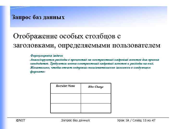 Запрос баз данных Отображение особых столбцов с заголовками, определяемыми пользователем Формулировка задачи Анализируются расходы