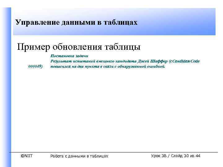 Управление данными в таблицах Пример обновления таблицы 000049) ©NIIT Постановка задачи Результат испытаний внешнего