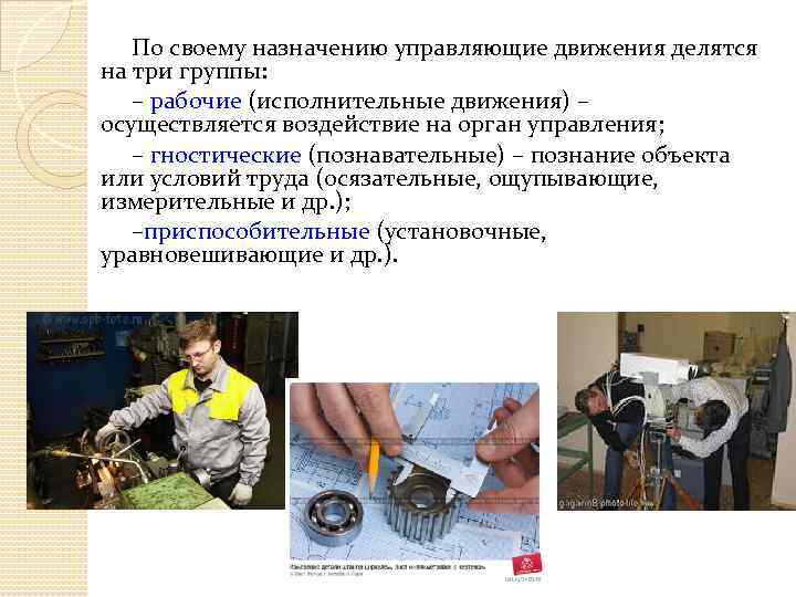 По своему назначению управляющие движения делятся на три группы: – рабочие (исполнительные движения) –