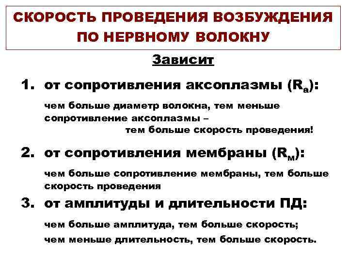 СКОРОСТЬ ПРОВЕДЕНИЯ ВОЗБУЖДЕНИЯ ПО НЕРВНОМУ ВОЛОКНУ Зависит 1. от сопротивления аксоплазмы (Ra): чем больше