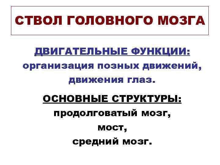 СТВОЛ ГОЛОВНОГО МОЗГА ДВИГАТЕЛЬНЫЕ ФУНКЦИИ: организация позных движений, движения глаз. ОСНОВНЫЕ СТРУКТУРЫ: продолговатый мозг,