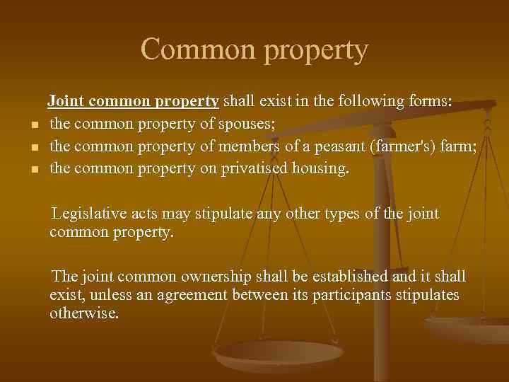 Common property n n n Joint common property shall exist in the following forms: