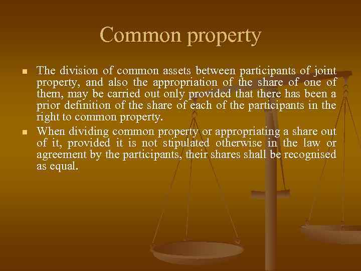 Common property n n The division of common assets between participants of joint property,