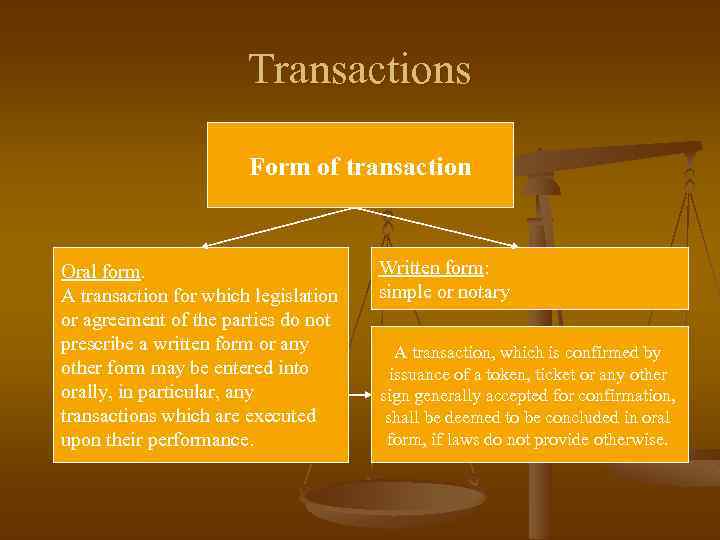 Transactions Form of transaction Oral form. A transaction for which legislation or agreement of