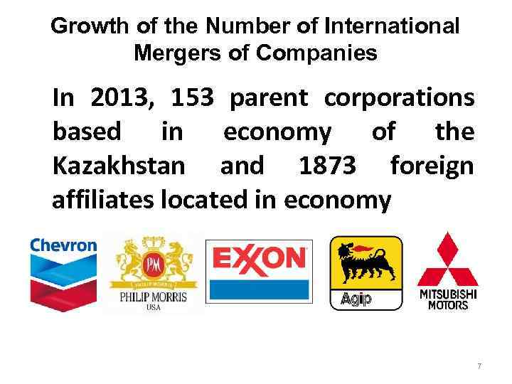 Growth of the Number of International Mergers of Companies In 2013, 153 parent corporations